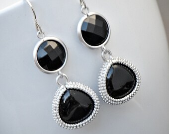 Black SILVER Long Dangle Earrings Glass Round and Teardrop Onyx Black Earrings