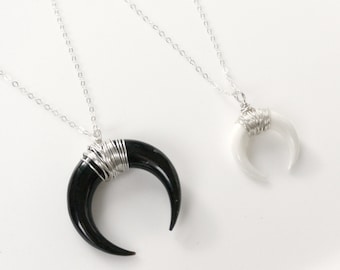 Moon Necklace, Double Horn Necklace Silver, Crescent Necklace, Everyday Jewelry, Layering Necklace, Black White Horn Necklace, Boho Necklace