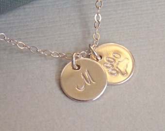 Paw Print and Initial Necklace, Initial Jewelry, TWO Disc Necklace, Pet Lovers Necklace, Cat Dog Paw Print 14k Gold Filled Necklace