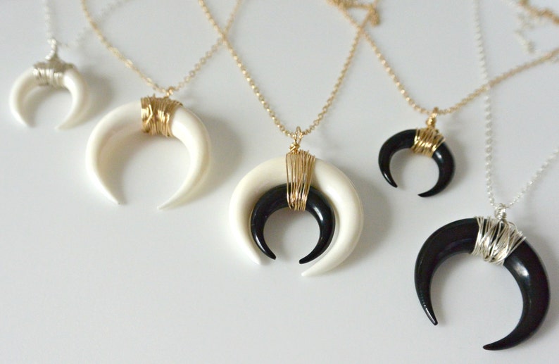 Double Horn Necklace, Moon Necklace, Black or White Bone Horn Necklace , Gold or Silver Crescent Necklace, Boho Necklace, Layering Necklace image 6