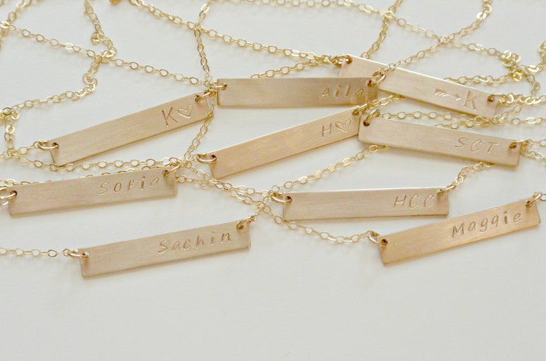 Wedding Date Necklace, Hand Stamped Gold Bar Necklace, Name NecklaceRoman Numeral Necklace, Initial Bar Pendant, Horizontal Bar Monogram image 3