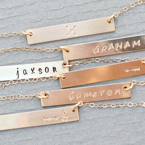 Wedding Date Necklace, Hand Stamped Gold Bar Necklace, Name NecklaceRoman Numeral Necklace, Initial Bar Pendant, Horizontal Bar Monogram image 2