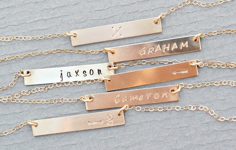 Wedding Date Necklace, Hand Stamped Gold Bar Necklace, Name NecklaceRoman Numeral Necklace, Initial Bar Pendant, Horizontal Bar Monogram image 2