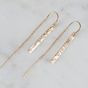 Long Chain Earrings, Hammered Bar Threader Earrings, Dangle Earrings, Thin Gold Threader Earrings, Minimal Drop Threaders, Gifts For Her