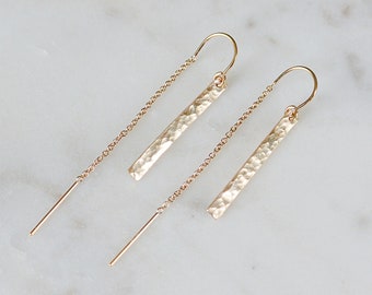 Long Chain Earrings, Hammered Bar Threader Earrings, Dangle Earrings, Thin Gold Threader Earrings, Minimal Drop Threaders, Gifts For Her