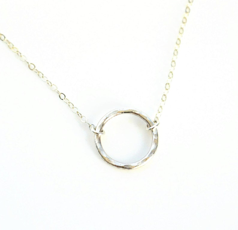 Silver Circle Necklace, Dainty Layering Necklace, Sterling Silver Hammered Ring Necklace, Everyday Jewelry, Delicate Circle Outline image 1