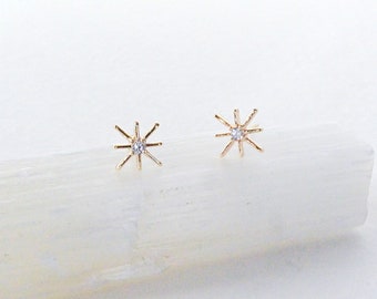 Starburst Stud Earrings, Tiny Gold Star Stud Earrings, CZ Earrings, North Star Stud Earring, Celestial Earrings, Gift For Her, Birthday Gift