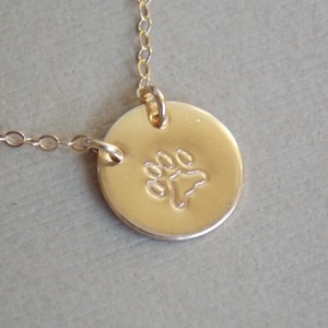 Paw Print Necklace, Pet Lovers Necklace, 14k Gold Filled or Sterling Silver Design Stamp Disc Necklace, Personalized Jewelry, Animal Lovers image 1