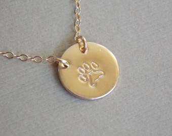 Paw Print Necklace, Pet Lovers Necklace, 14k Gold Filled or Sterling Silver Design Stamp Disc Necklace, Personalized Jewelry, Animal Lovers