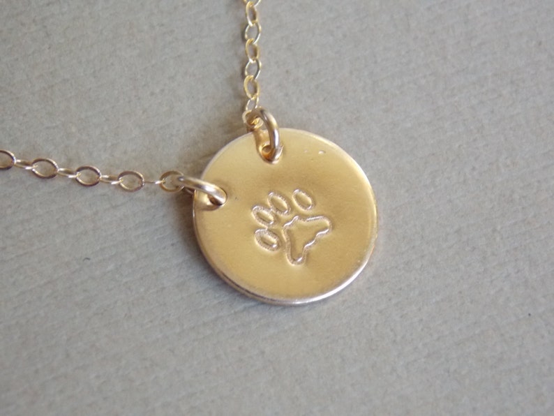 Paw Print Necklace, Pet Lovers Necklace, 14k Gold Filled or Sterling Silver Design Stamp Disc Necklace, Personalized Jewelry, Animal Lovers image 1