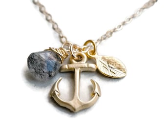 Gemstone Personalized Anchor Necklace, Gold Anchor Necklace, Nautical Theme Gift, Wedding Jewelry, Graduation Gift, Bridesmaid Jewelry