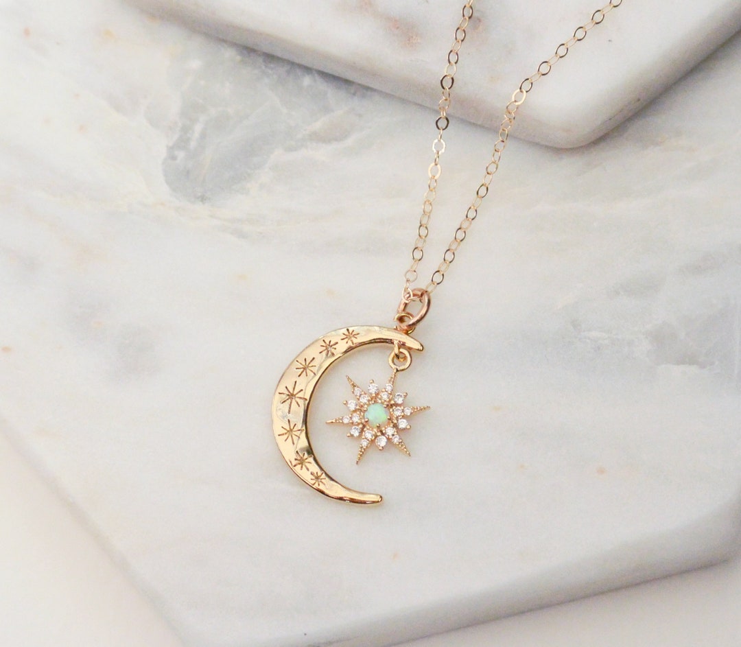 Gold Opal Moon Necklace Crescent Moon Necklace Opal Star - Etsy