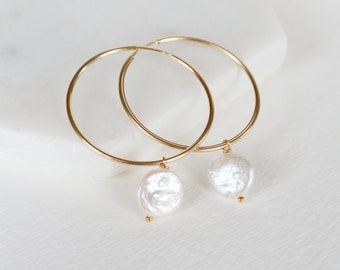 Coin Pearl Hoop Earrings, Gold Hoop Earrings, Bridal Pearl Earrings, Hoop Earrings, Drop Pearl Earrings, Gift For Her, Dainty Pearl Earring