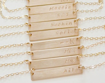 Wedding Date Necklace, Hand Stamped Gold Bar Necklace, Name NecklaceRoman Numeral Necklace, Initial Bar Pendant, Horizontal Bar Monogram