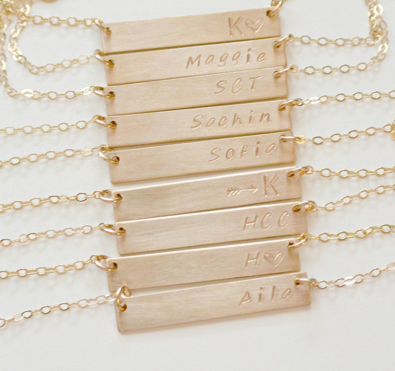 Wedding Date Necklace, Hand Stamped Gold Bar Necklace, Name NecklaceRoman Numeral Necklace, Initial Bar Pendant, Horizontal Bar Monogram image 1