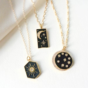 Celestial Gold Necklace, Black Enamel Jewelry, CZ Moon Necklace, Starburst Necklace, CZ Crescent Moon, Starburst, Moon And Star Necklace