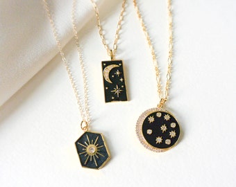 Celestial Gold Necklace, Black Enamel Jewelry, CZ Moon Necklace, Starburst Necklace, CZ Crescent Moon, Starburst, Moon And Star Necklace