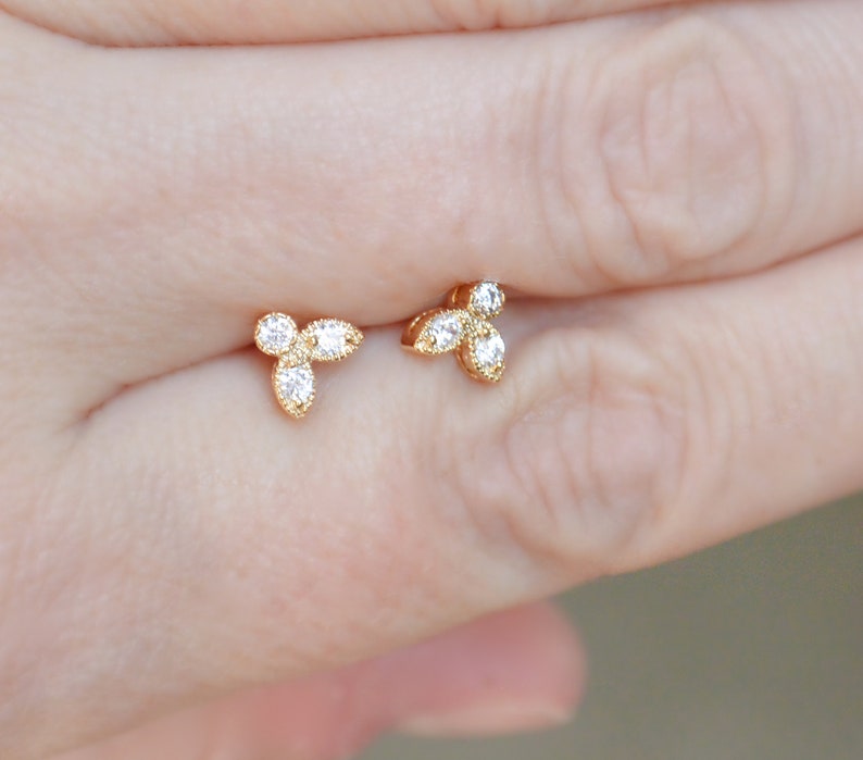 Tiny Gold Stud Earrings, 3 Stone CZ Earrings, Triple Studs, Crystal Studs, Dainty Earrings, Minimalist Studs, Trinity Studs, Gift For Her image 3