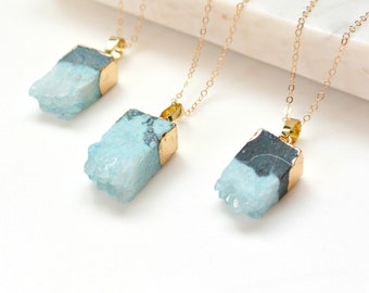 Druzy Slice Necklace, Raw Edge Crystal Necklace, Gold Mint Gemstone Necklace, Girlfriend Gift, Boho Necklace, Drusy Jewelry,  Gift Idea