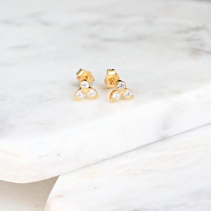 Tiny Gold Stud Earrings, 3 Stone CZ Earrings, Triple Studs, Crystal Studs, Dainty Earrings, Minimalist Studs, Trinity Studs, Gift For Her image 2