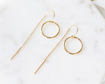 Circle Threader Earrings, Long Dangle Earrings, Thin Gold Threader Earrings, Long Chain Earrings, Minimal Threaders, Circle Earrings