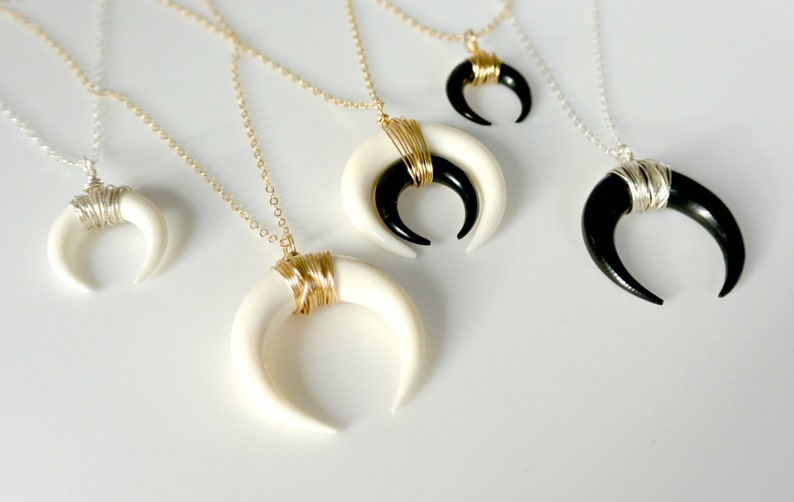 Double Horn Necklace, Moon Necklace, Black or White Bone Horn Necklace , Gold or Silver Crescent Necklace, Boho Necklace, Layering Necklace image 5