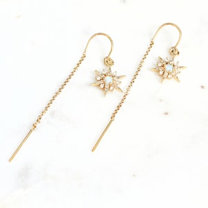 Starburst Threader Earring, Gold Threader Earrings, Opal and CZ Earrings, Celestial Earrings, Gold Chain Earring, Star Threader Earrings
