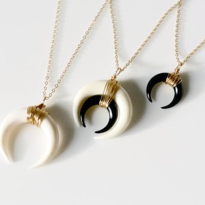 Double Horn Necklace, Moon Necklace, Black or White Bone Horn Necklace , Gold or Silver Crescent Necklace, Boho Necklace, Layering Necklace image 1
