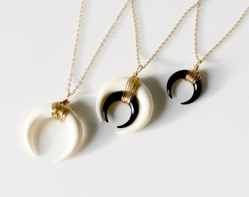 Double Horn Necklace, Moon Necklace, Black or White Bone Horn Necklace , Gold or Silver Crescent Necklace, Boho Necklace, Layering Necklace image 1