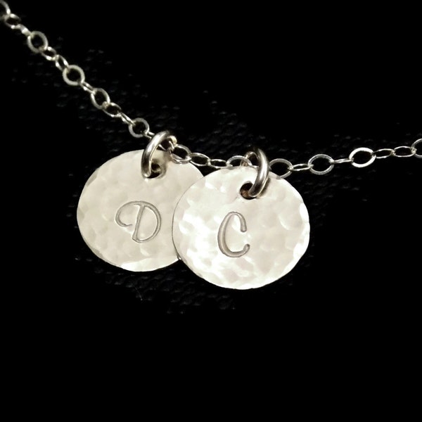 Hammered SILVER Initial Disc Necklace, Initials Necklace, Sisters Necklace, Couples Initial Jewelry, BFF Gift, Mothers Jewelry, Family
