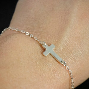 Sideways Cross Bracelet, Tiny and Dainty Solid Sterling Silver Small Cross Religious Bracelet, Side Cross Bracelet Silver image 1