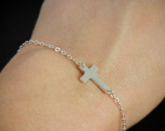 Sideways Cross Bracelet, Tiny and Dainty Solid Sterling Silver Small Cross Religious Bracelet, Side Cross Bracelet Silver