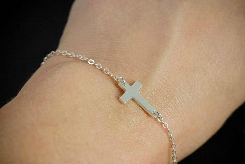 Sideways Cross Bracelet, Tiny and Dainty Solid Sterling Silver Small Cross Religious Bracelet, Side Cross Bracelet Silver image 1