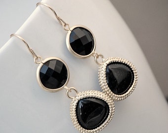 Black Dangle Earrings, Long Dangle Earring, Silver or Gold Teardrop Earrings,  Glass Round and Teardrop Onyx Black Earrings, Bridesmaid Gift