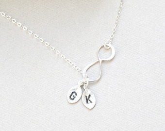 Infinity Necklace, TWO Monogram Necklace, Personalized leaf Initial jewelry, Sterling SILVER Necklace, Sisters, Couple Initials Necklace