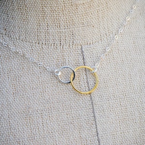 Mother Daughter Circle Necklace, SILVER and GOLD Mixed Metals Necklace, Interlocking Ring Necklace, Bridesmaid Jewelry, Tiny Circle Necklace image 5