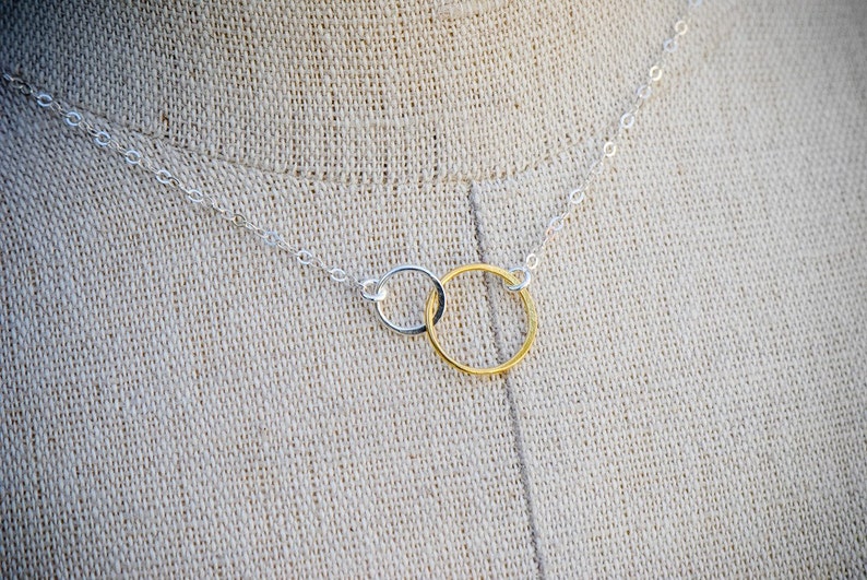 Mother Daughter Circle Necklace, SILVER and GOLD Mixed Metals Necklace, Interlocking Ring Necklace, Bridesmaid Jewelry, Tiny Circle Necklace image 5