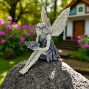 Sitting Fairy Garden Statue with Leaf Bowl – Whimsical Outdoor Resin Figurine for Patio, Lawn, or Yard | Nature Lover Fairy Gift Decor