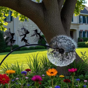 Dancing Fairy on Dandelion Wire Sculpture – 2D Metal Garden Art, Whimsical Handmade Fairy Statue, Outdoor Fantasy Decor for Lawn & Home