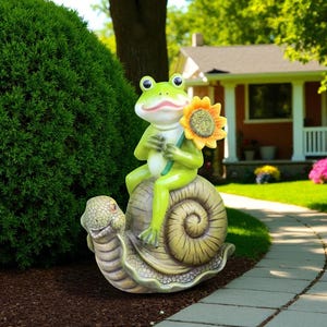 Whimsical Frog on Snail Garden Statue with Sunflower – Cute Resin Yard Decor | Fun Outdoor Ornament for Patio, Balcony or Landscaping