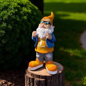 Orange Garden Gnome with Welcome Sign: Whimsical Outdoor Decor