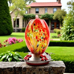 Hand-Blown Glass Hummingbird Feeder: Colorful Garden Art