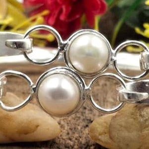 Handmade Sterling Silver Pearl Bangle: Adjustable Cuff Bracelet, Minimalist Jewelry - Set of 2