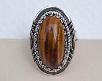 Vintage Sterling Silber Tigerauge Ring: Boho Edelstein Statement