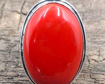 Anello in corallo rosso in argento sterling 925 / Anello con pietra preziosa ovale / Gioiello importante fatto a mano