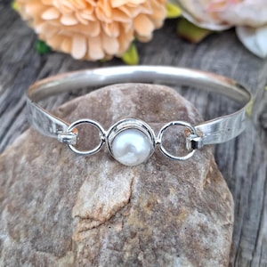 Sterling Silver Pearl Bangle Bracelet - Real Pearl Cuff Classic Silver Jewelry Gift Artisan Silver Pearl Bangle - Minimalist Pearl Bracelet