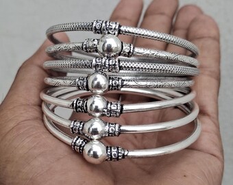 Oxidized Sterling Silver Bangle Set: 7 Handcrafted Tribal Kada Bangles