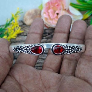 Red Garnet Bangle | 925 Sterling Silver Adjustable Bracelet | Handmade Gemstone Bangle for Women | Silver Jewelry Gift Adjustable Bracelet