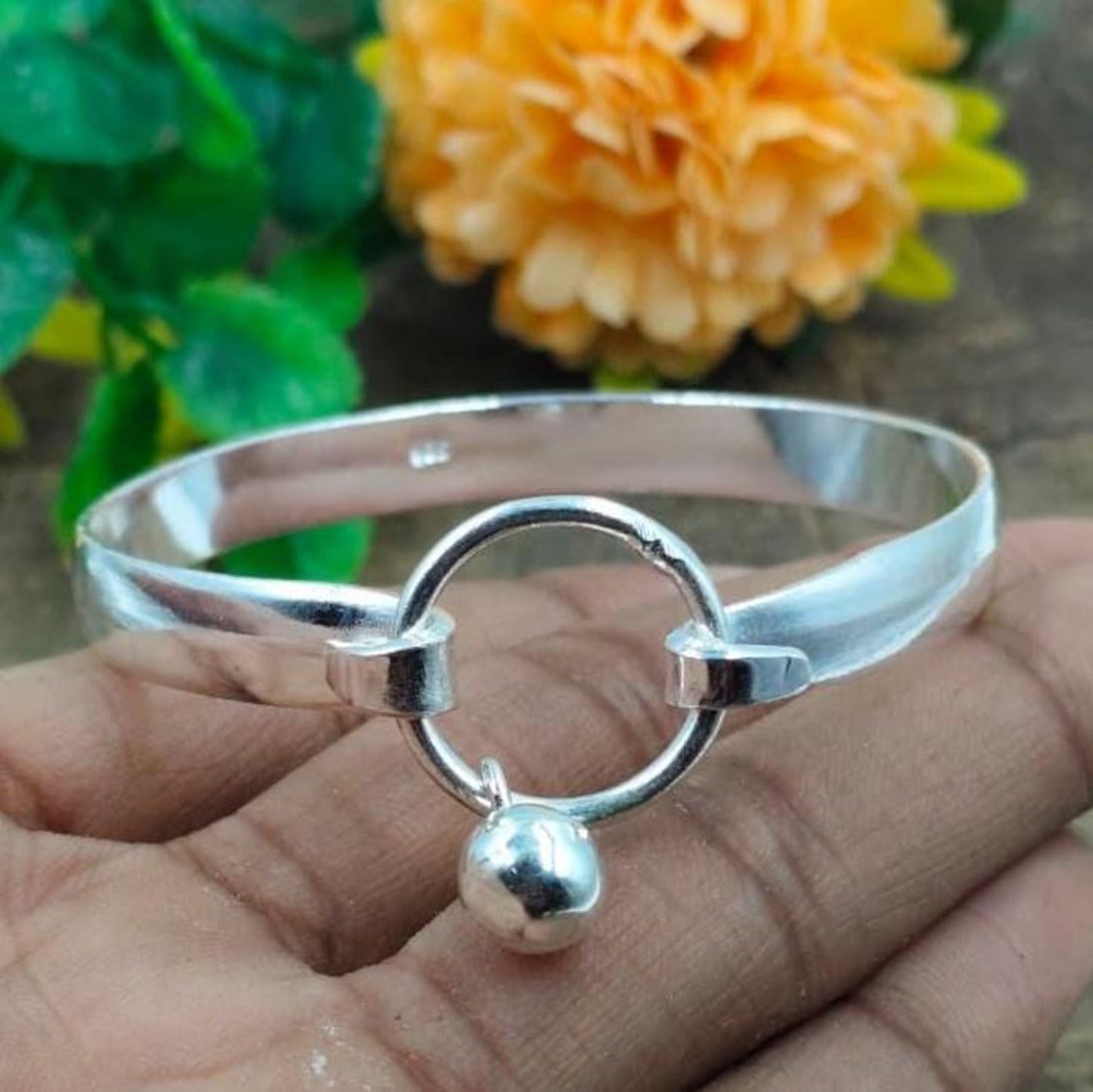 Sterling Silver Bangle Bracelet: Adjustable Cuff With Dangling Bead - Etsy