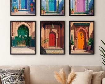 May include: Six framed art prints featuring colorful arched doorways. Each print showcases a different door in shades of blue, teal, pink, green, red, and orange. The artwork is displayed above a beige sofa with decorative pillows and a woven side table.